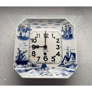 Vintage Delft Wall Clock - 8 Day Germany Blue & White -Missing Pendulum and Key